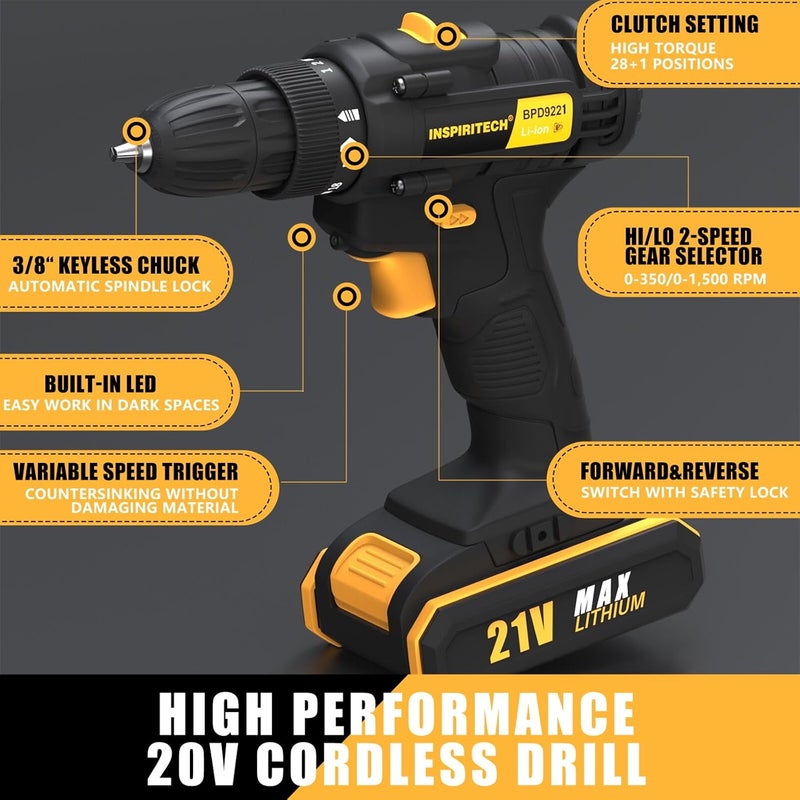 INSPIRITECH 21V Cordless Drill with 2 Batteries and Charger,3/8-Inch Keyless Chuck Power Drill Set,2 Variable Speed Electric ScrewDriver, 19 Torque Setting with Drill/Driver Bits - Image 2